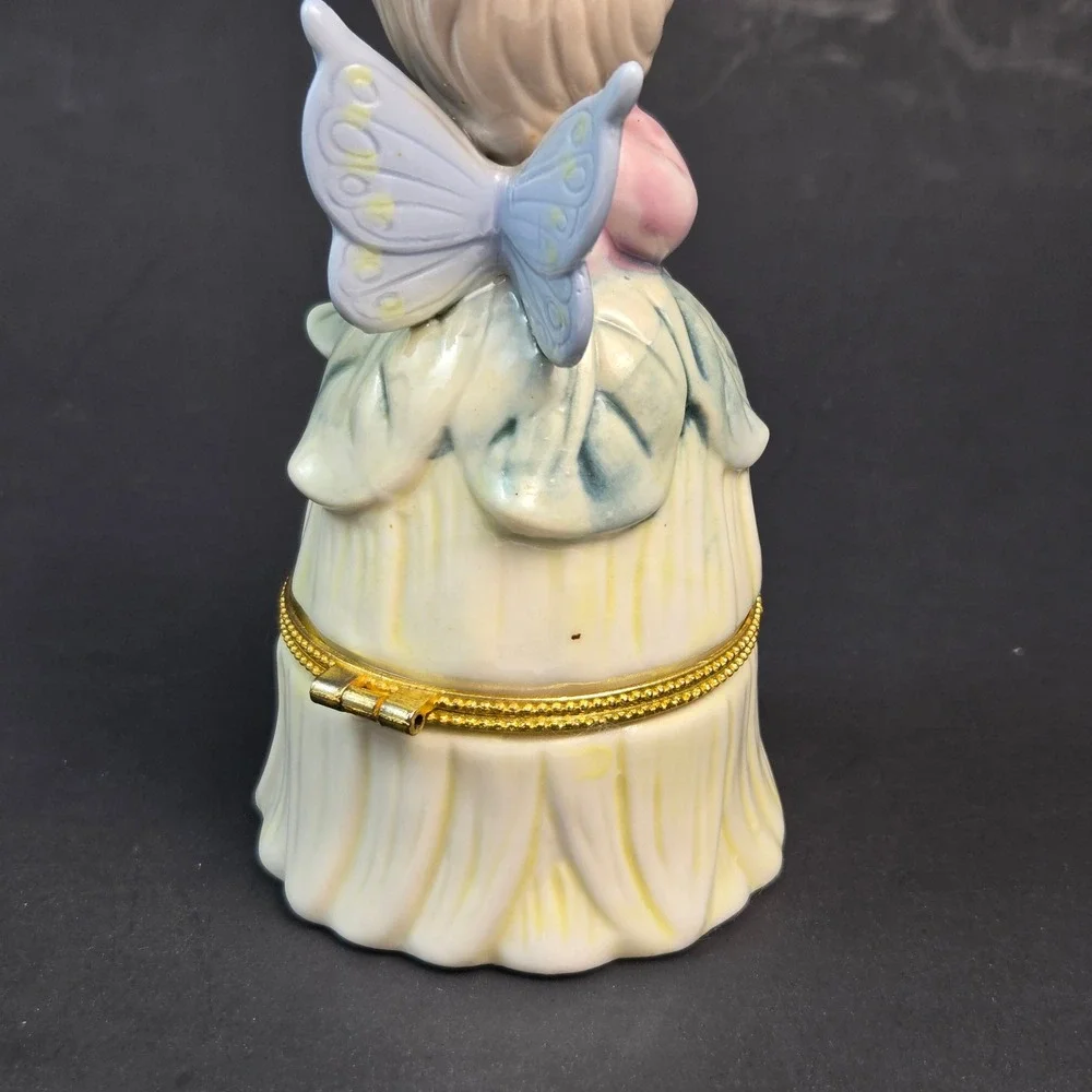 Vintage Porcelain Fairy Hinged Trinket Box Pastel Angel Figurine Gold Tone Clasp